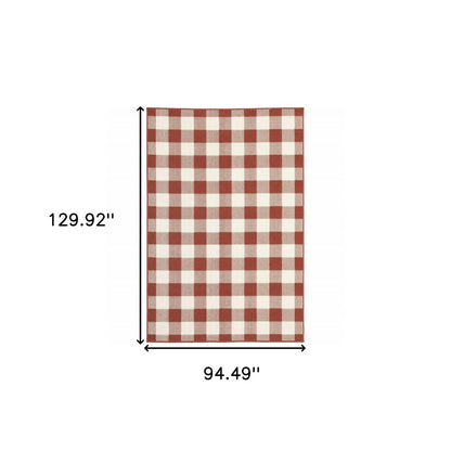 8' X 11' Red and Ivory Geometric Stain Resistant Indoor Outdoor Area Rug
