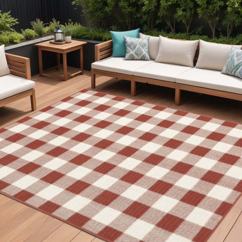 8' X 11' Red and Ivory Geometric Stain Resistant Indoor Outdoor Area Rug