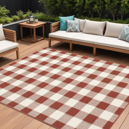 8' X 11' Red and Ivory Geometric Stain Resistant Indoor Outdoor Area Rug