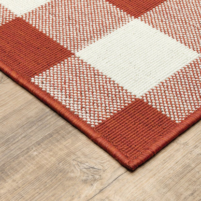 9' X 13' Red And Ivory Geometric Indoor Outdoor Area Rug