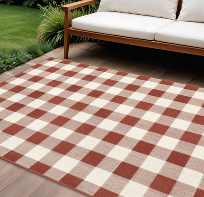 9' X 13' Red And Ivory Geometric Indoor Outdoor Area Rug
