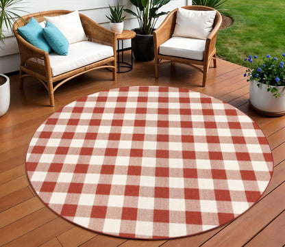 8' X 8' Red and Ivory Round Geometric Stain Resistant Indoor Outdoor Area Rug