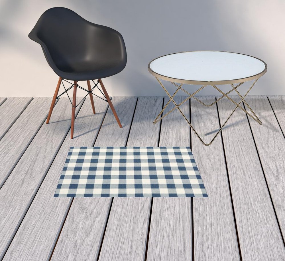 2' X 3' Blue and Ivory Geometric Stain Resistant Indoor Outdoor Area Rug
