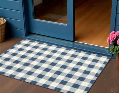 2' X 3' Blue and Ivory Geometric Stain Resistant Indoor Outdoor Area Rug