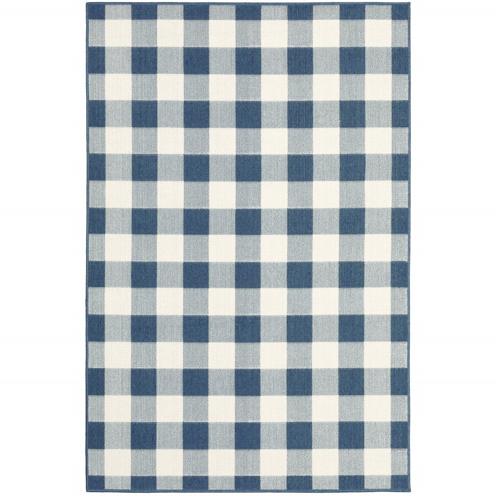 2' X 3' Blue and Ivory Geometric Stain Resistant Indoor Outdoor Area Rug