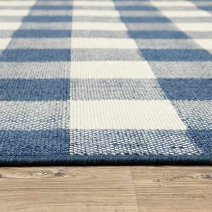 2' X 3' Blue and Ivory Geometric Stain Resistant Indoor Outdoor Area Rug