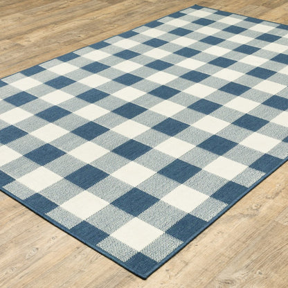 2' X 3' Blue and Ivory Geometric Stain Resistant Indoor Outdoor Area Rug