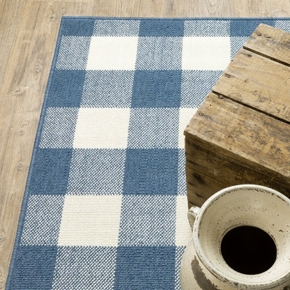 2' X 3' Blue and Ivory Geometric Stain Resistant Indoor Outdoor Area Rug