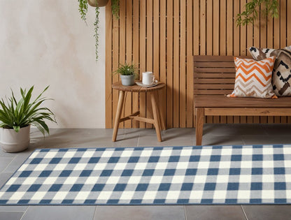 2' X 8' Blue and Ivory Geometric Stain Resistant Indoor Outdoor Area Rug