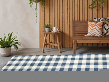 2' X 8' Blue and Ivory Geometric Stain Resistant Indoor Outdoor Area Rug