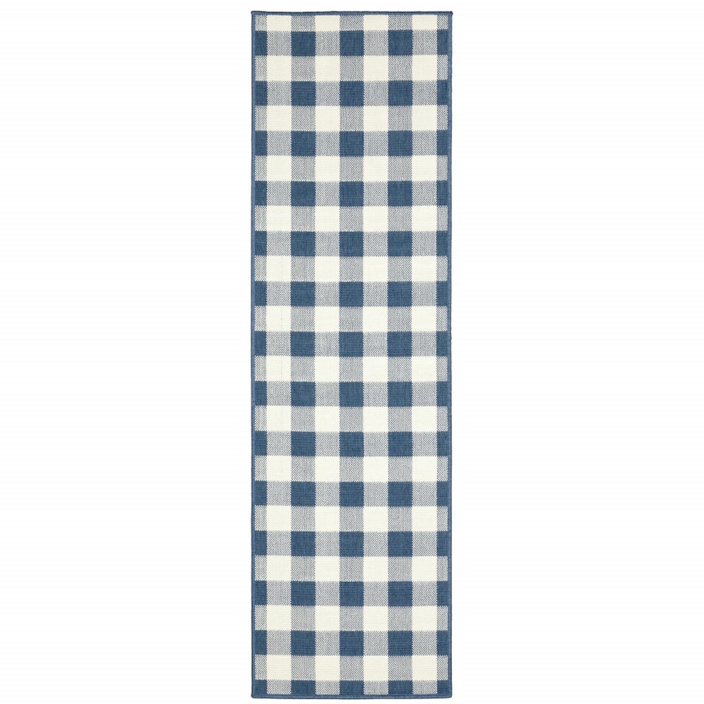 2' X 8' Blue and Ivory Geometric Stain Resistant Indoor Outdoor Area Rug