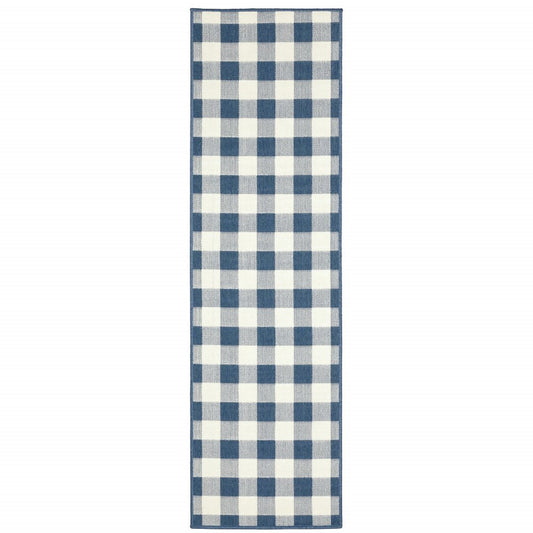 2' X 8' Blue and Ivory Geometric Stain Resistant Indoor Outdoor Area Rug