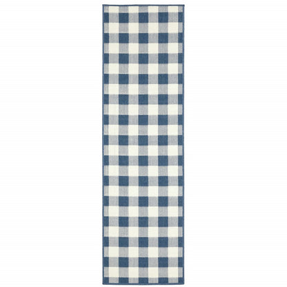 2' X 8' Blue and Ivory Geometric Stain Resistant Indoor Outdoor Area Rug