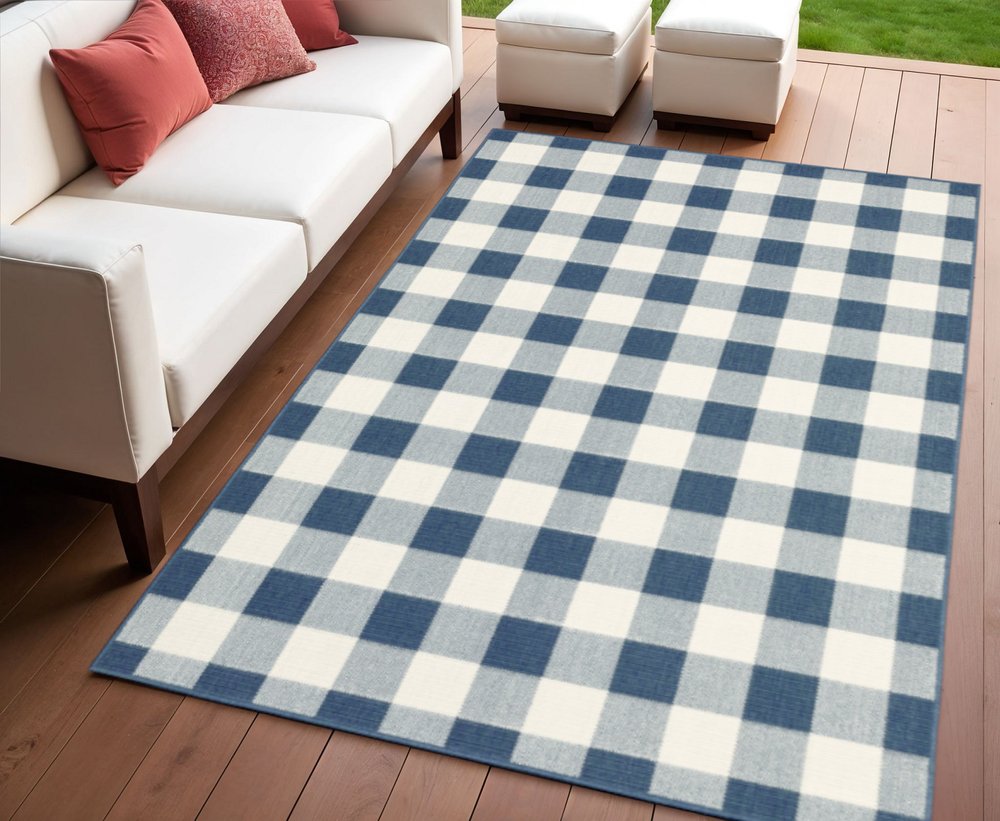 4' X 6' Blue and Ivory Geometric Stain Resistant Indoor Outdoor Area Rug