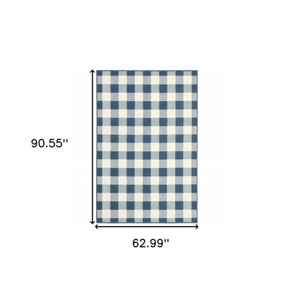 5' X 8' Blue and Ivory Geometric Stain Resistant Indoor Outdoor Area Rug