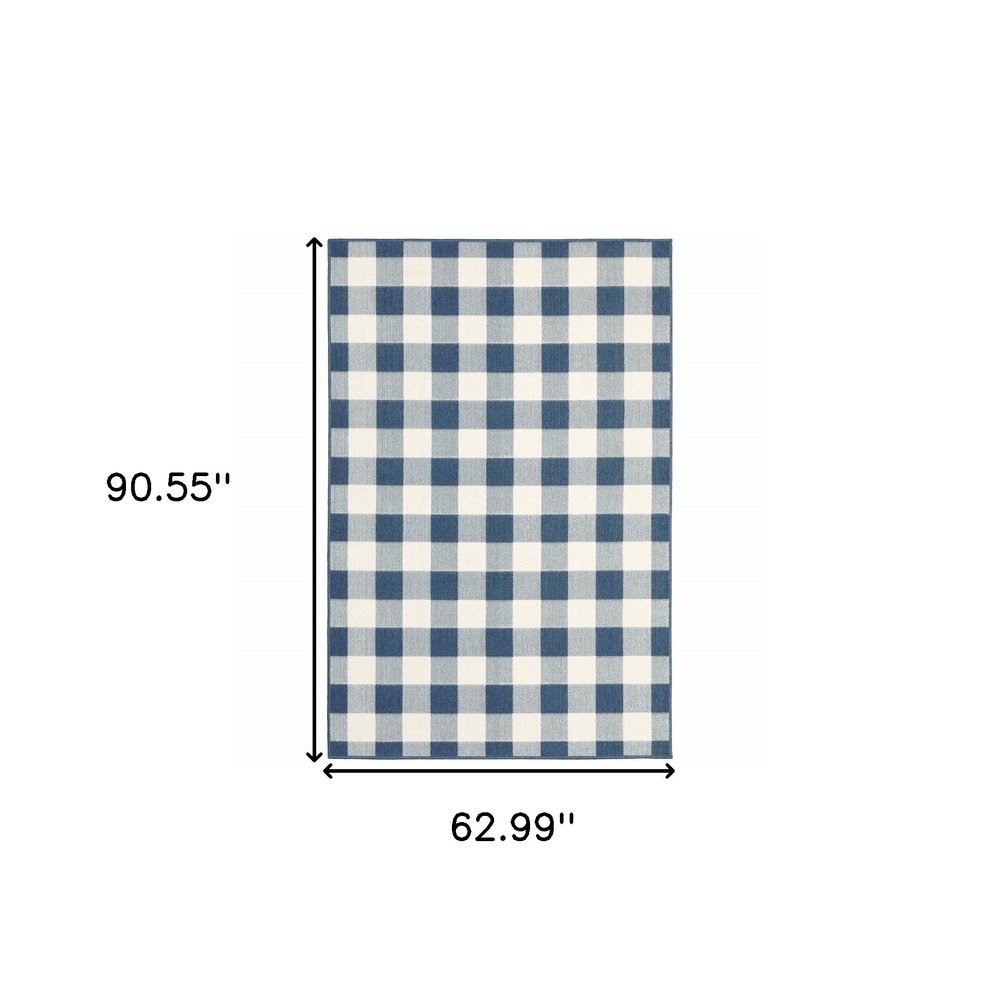 5' X 8' Blue and Ivory Geometric Stain Resistant Indoor Outdoor Area Rug