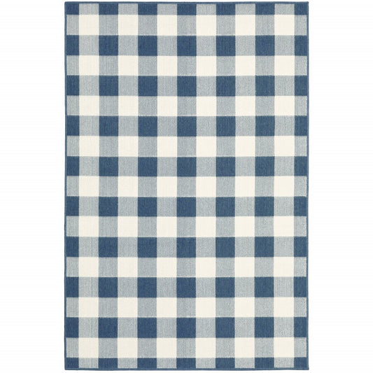 5' X 8' Blue and Ivory Geometric Stain Resistant Indoor Outdoor Area Rug