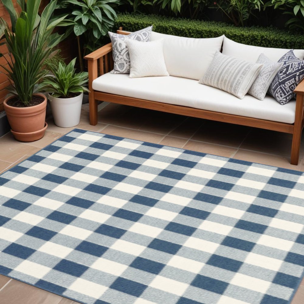8' X 11' Blue and Ivory Geometric Stain Resistant Indoor Outdoor Area Rug