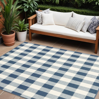 8' X 11' Blue and Ivory Geometric Stain Resistant Indoor Outdoor Area Rug