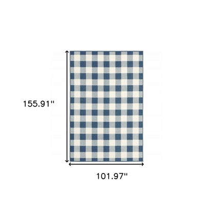 9' X 13' Blue and Ivory Geometric Stain Resistant Indoor Outdoor Area Rug