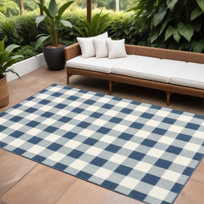 9' X 13' Blue and Ivory Geometric Stain Resistant Indoor Outdoor Area Rug