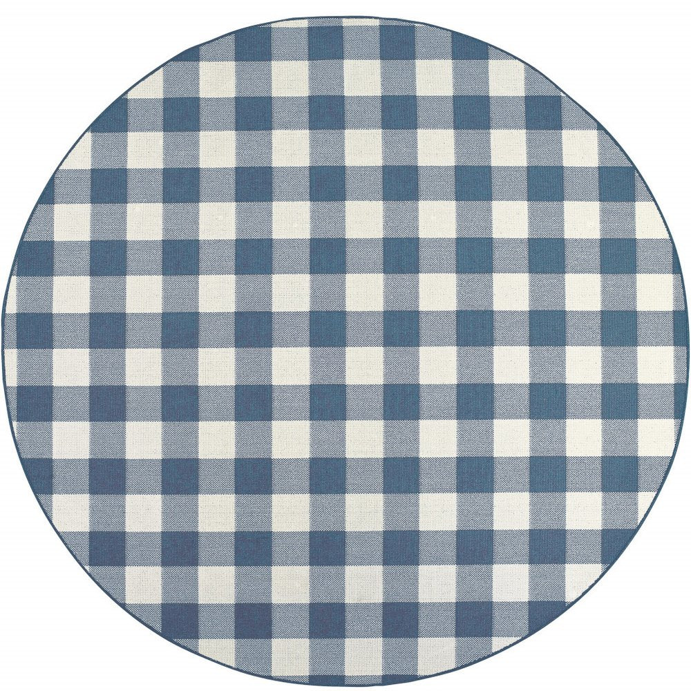 8' X 8' Blue and Ivory Round Geometric Stain Resistant Indoor Outdoor Area Rug