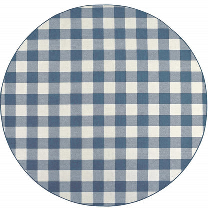 8' X 8' Blue and Ivory Round Geometric Stain Resistant Indoor Outdoor Area Rug