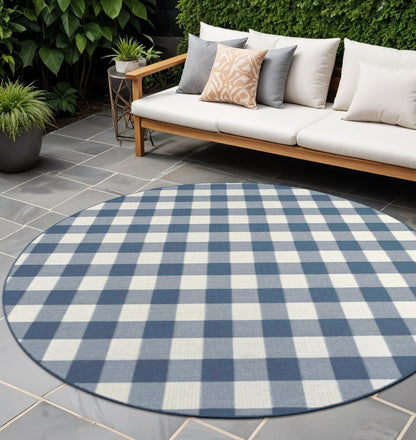 8' X 8' Blue and Ivory Round Geometric Stain Resistant Indoor Outdoor Area Rug