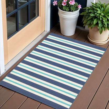 2' X 3' Blue and Ivory Geometric Stain Resistant Indoor Outdoor Area Rug