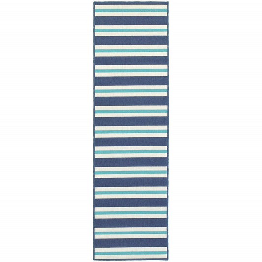 2' X 8' Blue and Ivory Geometric Stain Resistant Indoor Outdoor Area Rug