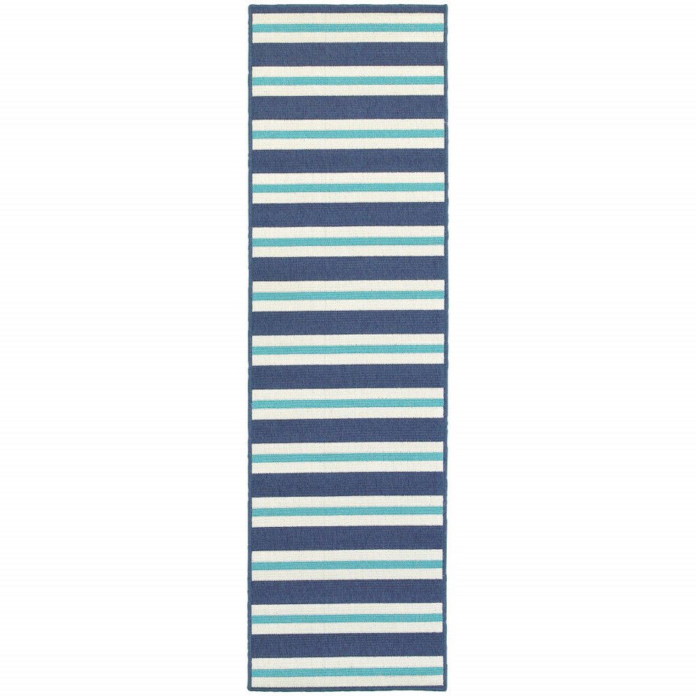 2' X 8' Blue and Ivory Geometric Stain Resistant Indoor Outdoor Area Rug
