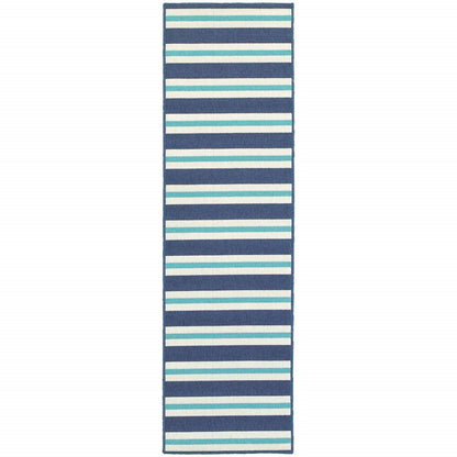 2' X 8' Blue and Ivory Geometric Stain Resistant Indoor Outdoor Area Rug