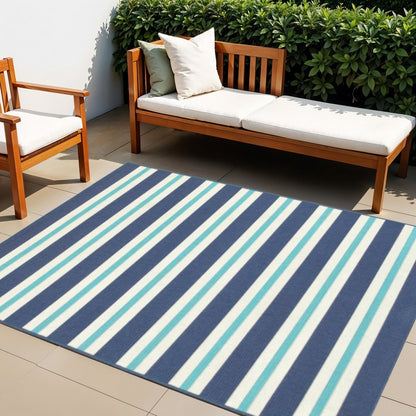4' X 6' Blue and Ivory Geometric Stain Resistant Indoor Outdoor Area Rug
