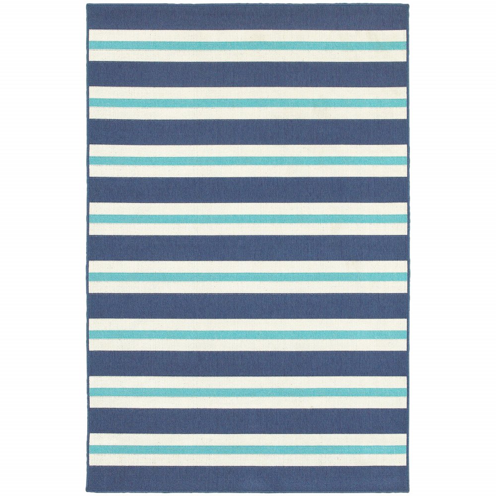 5' X 8' Blue and Ivory Geometric Stain Resistant Indoor Outdoor Area Rug