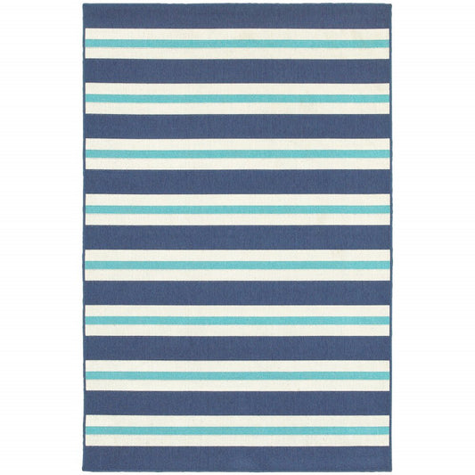 7' X 10' Blue and Ivory Geometric Stain Resistant Indoor Outdoor Area Rug
