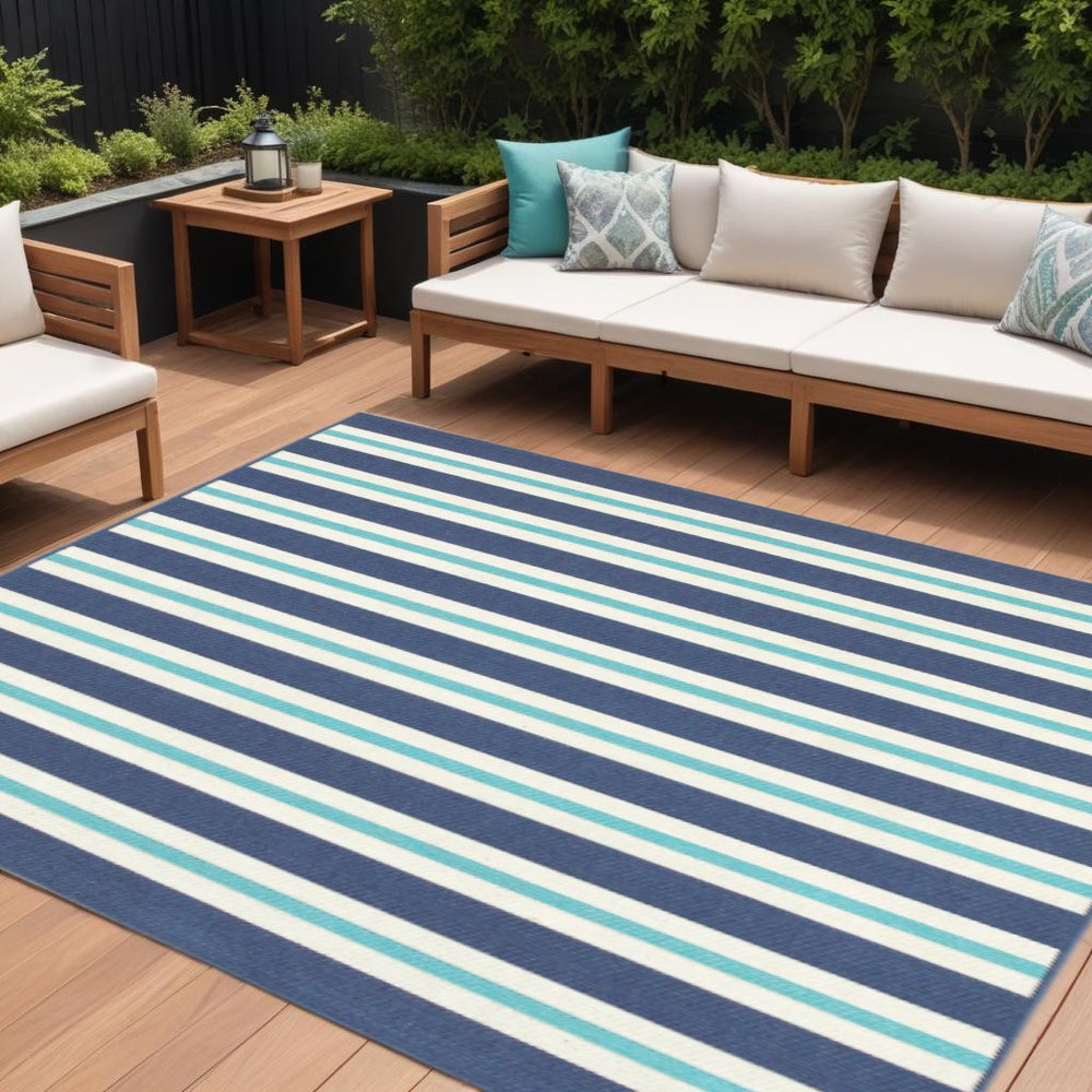 8' X 11' Blue and Ivory Geometric Stain Resistant Indoor Outdoor Area Rug