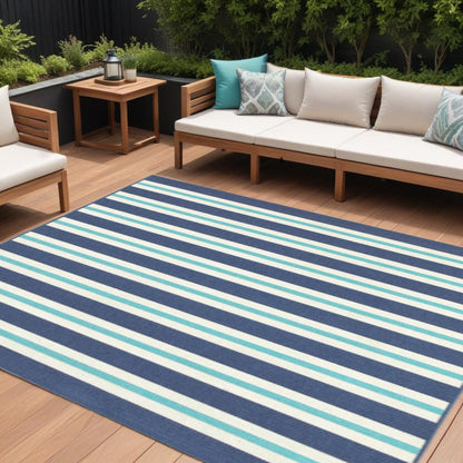 8' X 11' Blue and Ivory Geometric Stain Resistant Indoor Outdoor Area Rug