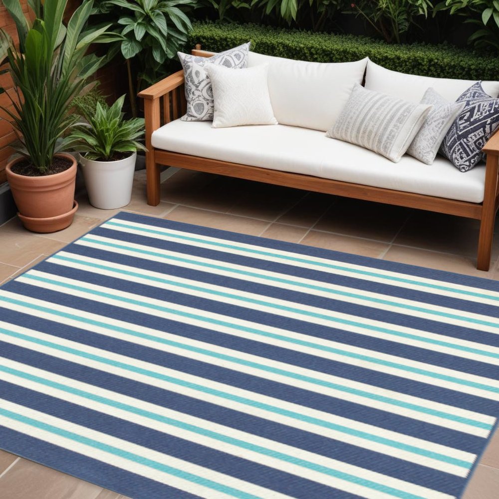 9' X 13' Blue and Ivory Geometric Stain Resistant Indoor Outdoor Area Rug