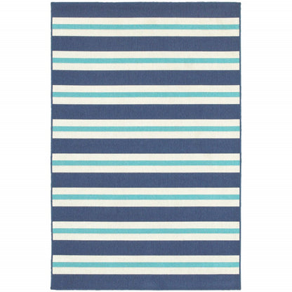 9' X 13' Blue and Ivory Geometric Stain Resistant Indoor Outdoor Area Rug