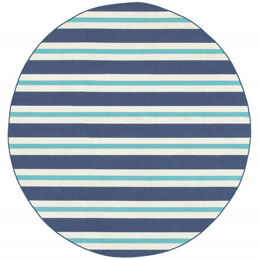8' X 8' Blue and Ivory Round Geometric Stain Resistant Indoor Outdoor Area Rug