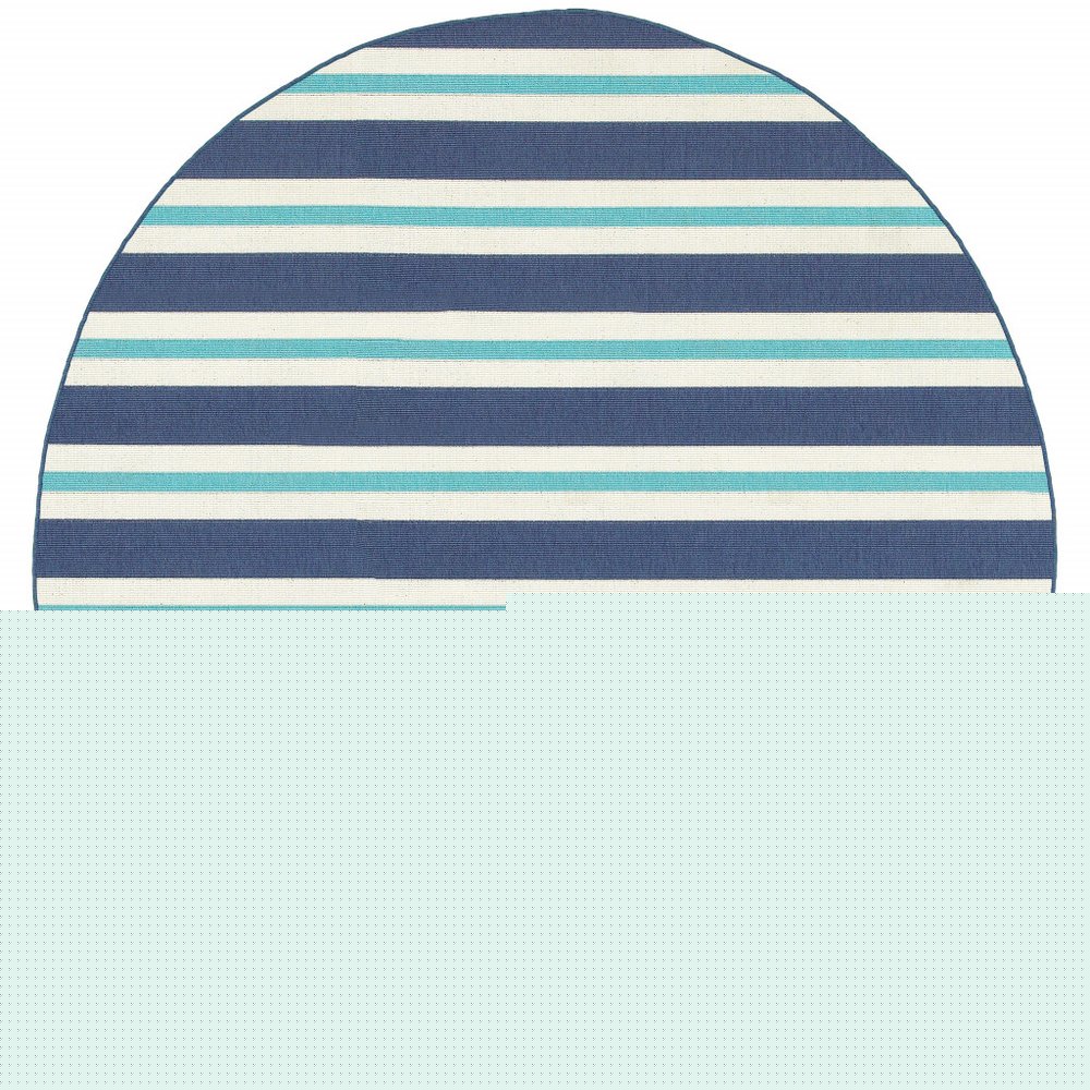 8' X 8' Blue and Ivory Round Geometric Stain Resistant Indoor Outdoor Area Rug