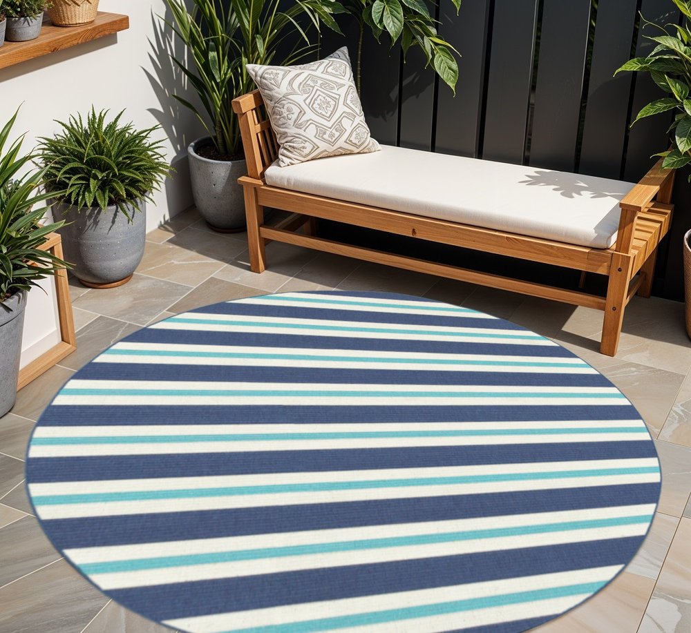 8' X 8' Blue and Ivory Round Geometric Stain Resistant Indoor Outdoor Area Rug