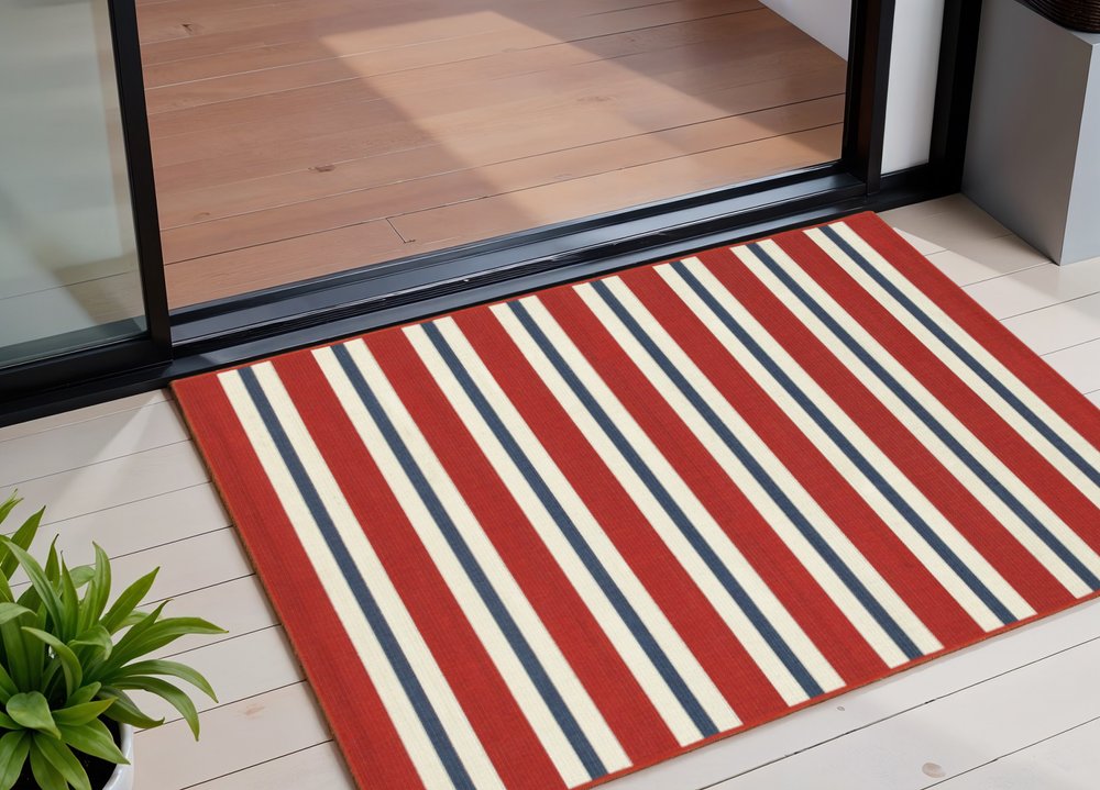 2' X 3' Red and Ivory Geometric Stain Resistant Indoor Outdoor Area Rug