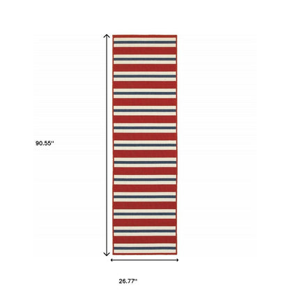 2' X 8' Red and Ivory Geometric Stain Resistant Indoor Outdoor Area Rug