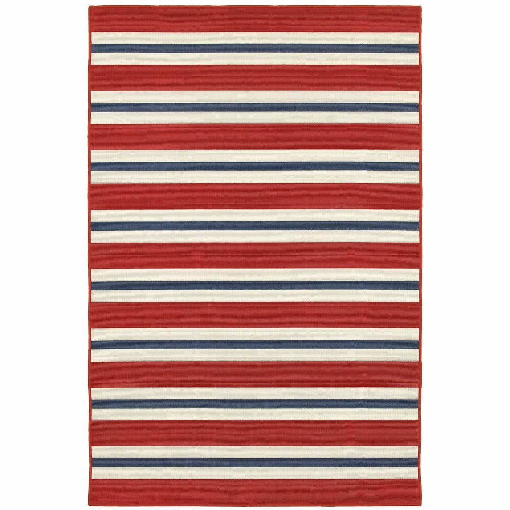 4' X 6' Red and Ivory Geometric Stain Resistant Indoor Outdoor Area Rug