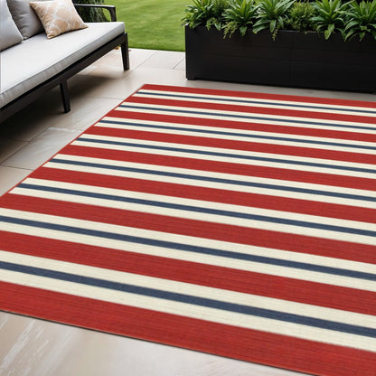 5' X 8' Red and Ivory Geometric Stain Resistant Indoor Outdoor Area Rug