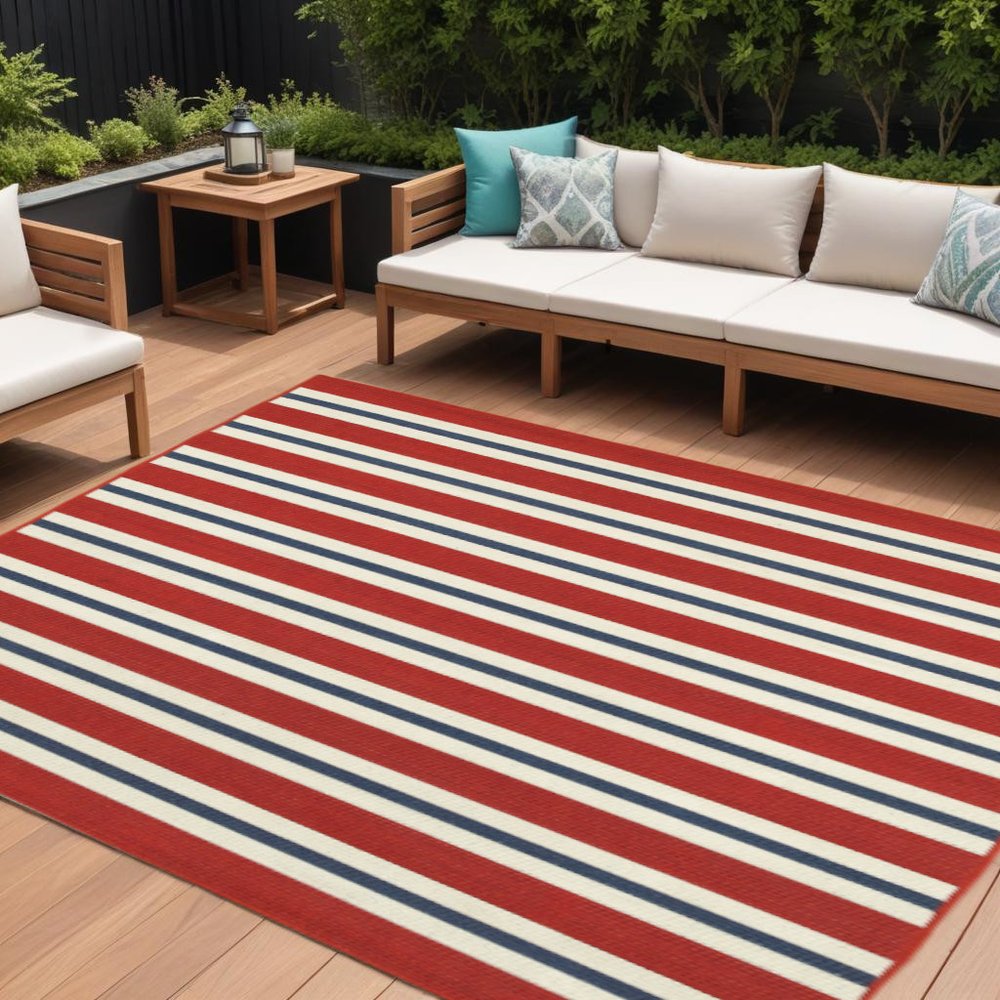 8' X 11' Red and Ivory Geometric Stain Resistant Indoor Outdoor Area Rug