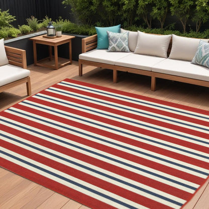 8' X 11' Red and Ivory Geometric Stain Resistant Indoor Outdoor Area Rug