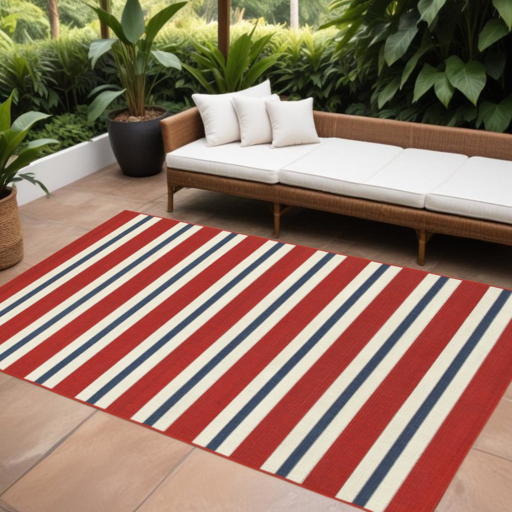 9' X 13' Red and Ivory Geometric Stain Resistant Indoor Outdoor Area Rug