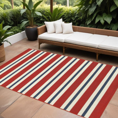 9' X 13' Red and Ivory Geometric Stain Resistant Indoor Outdoor Area Rug